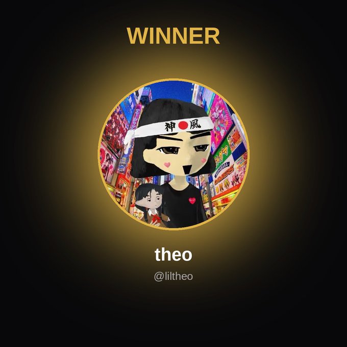 The image displays a "WINNER" announcement featuring a circular profile picture of a cartoon character wearing a white headband with Japanese characters (神風) and a red circle, set against a colorful background, with the username "theo" and "@liltheo" below. This visually celebrates @liltheo's MetaWin prize win of $300 mentioned in the post.