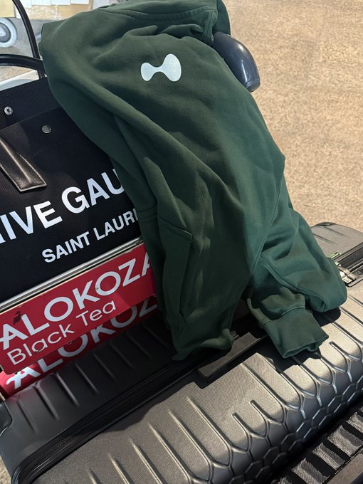 A dark green hoodie rests on a black suitcase alongside shopping bags from Saint Laurent and Alo Kooza (Black Tea), perfectly capturing the travel-ready essentials needed for the journey to Singapore. The packed bags reflect the "didn't forget anything (yet)" vibe as the traveler heads out, with a playful nod to Hyperliquid.