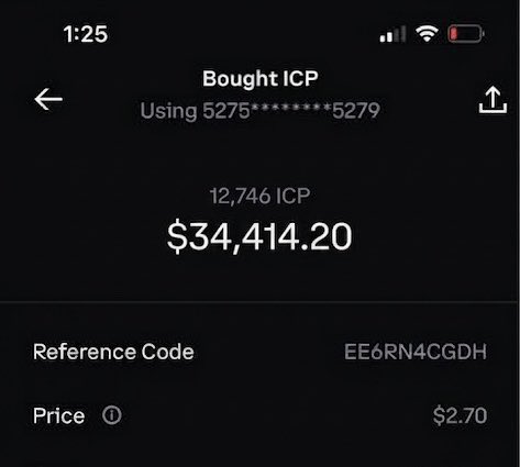 A phone screenshot shows a crypto purchase confirmation for 12,746 ICP totaling $34,414.20 at $2.70 per coin, using reference code EE6RN4CGDH from account 5275****5279. This aligns with the celebratory post announcing a major "life savings" investment in $ICP, providing the receipt as proof of the substantial buy.