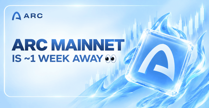 Promotional graphic announcing "ARC MAINNET IS ~1 WEEK AWAY" featuring the ARC logo and a stylized blue cube with the letter A.