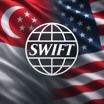A graphic shows the SWIFT logo (a globe with crosshairs) overlaid on waving flags of Singapore and the United States.