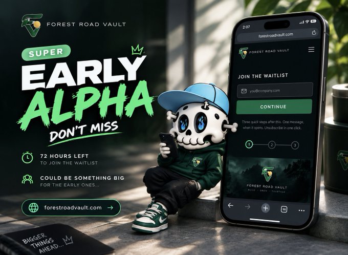 A promotional ad for 'FOREST ROAD VAULT' featuring a skeleton mascot wearing a green hoodie and blue cap using a smartphone, with text reading 'SUPER EARLY ALPHA', 'DON'T MISS', and '72 HOURS LEFT TO JOIN THE WAITLIST'.