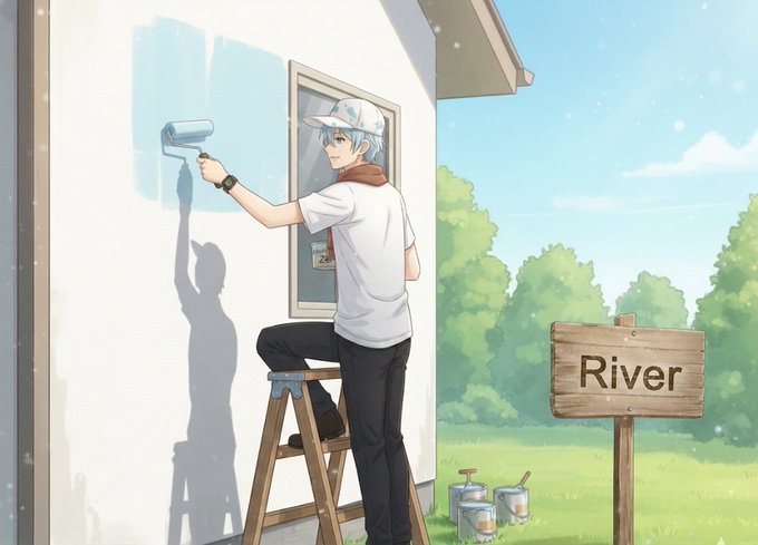 Anime-style illustration of a blue-haired character wearing a cap and white shirt, painting a house exterior blue from a ladder, with a wooden 'River' sign in a grassy landscape.