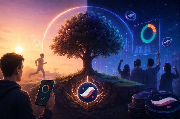A digital art piece depicting a central tree with glowing roots forming a wave-like logo, surrounded by figures holding phones and cheering, with circular chart icons floating in a split day/night sky.