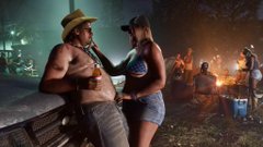 A man in a straw hat and a woman in a red cap are playing guitars in what appears to be a vibrant, fiery outdoor concert or festival scene from a video game. The post references the "$NPC" ticker for "NonPlayableCoin," tying the gaming imagery to the coin's branding as a playful nod to non-playable characters in video games.