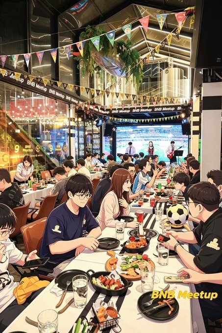 The image shows a lively BNB Meetup celebration with attendees enjoying a meal at a festively decorated venue, with "9 Years Strong" and "BNB Meetup" visible on signage, matching the post's mention of celebrating a 9th anniversary with old and new friends in the crypto community.