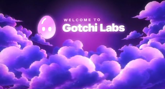 A purple-themed graphic with fluffy clouds displaying "WELCOME TO Gotchi Labs" alongside a pink ghost-like character.