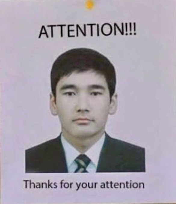 A humorous edited photo of a young man in a suit with "ATTENTION!!!" at the top and "Thanks for your attention" at the bottom.