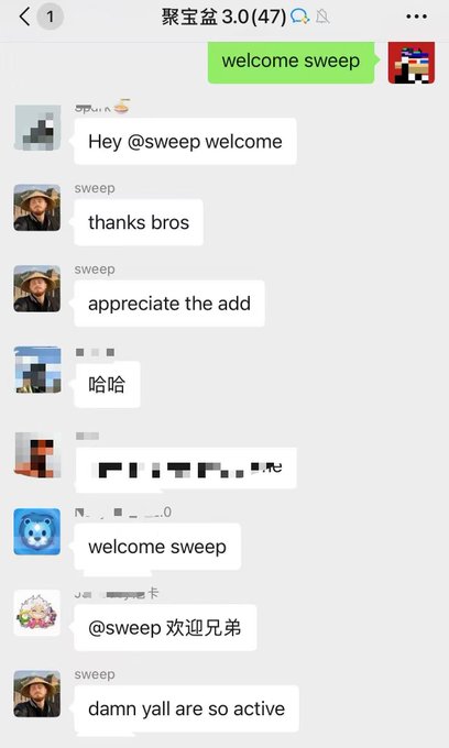 A screenshot of a group chat titled '聚宝盆 3.0(47)' showing messages welcoming 'sweep' to the group, with users exchanging greetings in both English and Chinese including 'welcome sweep', 'thanks bros', 'appreciate the add', '哈哈', 'welcome sweep', '@sweep 欢迎兄弟', and 'damn yall are so active'.