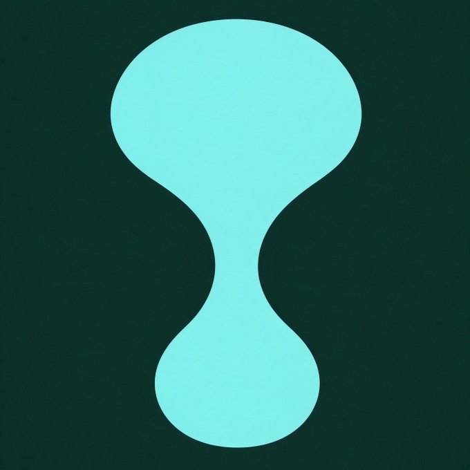 A minimalist digital artwork or logo featuring a light blue/teal hourglass-like or figure-eight shape against a dark green background.