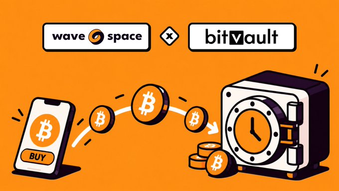 An orange promotional graphic showing 'wave space x' working with 'bitvault', depicting a smartphone buying Bitcoin and coins flowing into a vault.