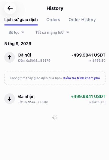 A screenshot of a transaction history in Vietnamese, showing a transaction history with entries showing 'Đã gửi' (Sent) -499.9841 USDT and 'Đã nhận' (Received) +499.9841 USDT on 5 thg 9, 2026.