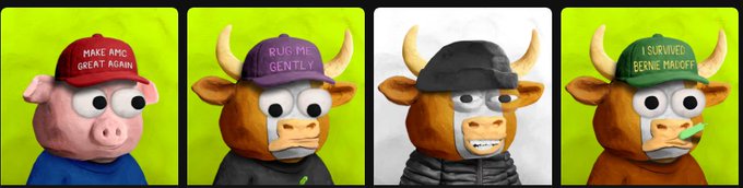 Four meme-style portraits featuring a pig wearing a 'MAKE AMG GREAT AGAIN' cap and three bulls with different hats reading 'BUG ME GENTLY', 'I SURVIVED BERNIE MADOFF', and a black beanie.