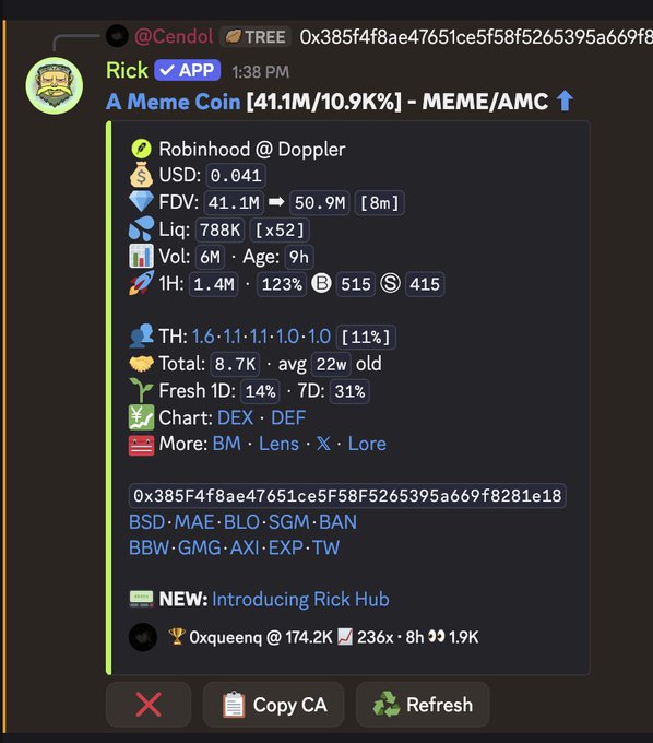 A Telegram message from Rick showing meme coin data including 'A Meme Coin [41.1M/10.9%] - MEME/AMC' with metrics like FDV, Liq, and Volume.