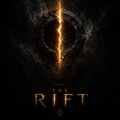 A dark movie or game poster titled 'RIFT' featuring a glowing orange vertical line of energy or light splitting through darkness.