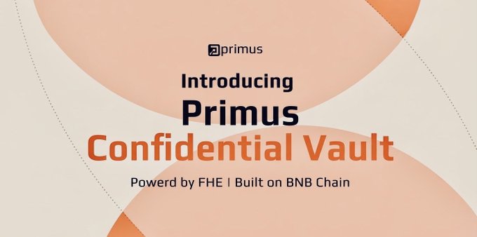 A promotional graphic for 'Primus Confidential Vault,' featuring the text 'Powered by FHE | Built on BNB Chain' on a peach and white background.