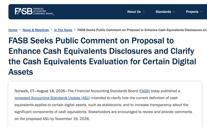 The FASB webpage announces a proposed Accounting Standards Update to clarify cash equivalents treatment for digital assets like stablecoins, with public comments due by November 19, 2026, aligning with the post's reporting on FASB's proposal to allow qualifying stablecoins as cash equivalents.