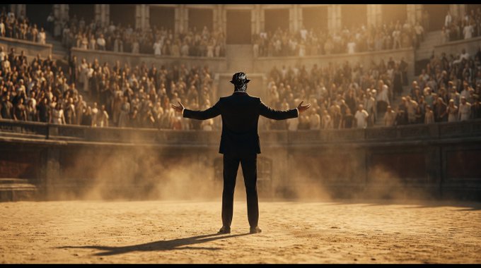 A silhouetted figure in a suit stands with arms outstretched in a sunlit arena before a massive crowd, evoking the grandeur of a triumphant performance or announcement. The image metaphorically reinforces the post's message of community strength and anticipation, as the project leaders address their "Icons" supporters about scrapping the 200 ETH threshold for Auracoin and preparing for its launch.