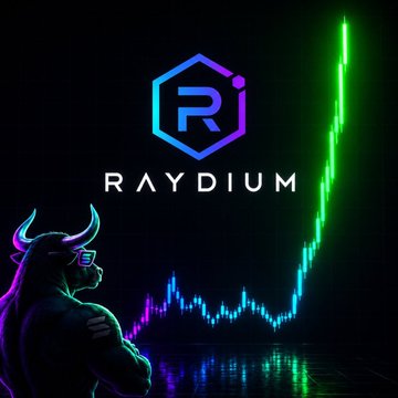 A promotional graphic for "RAYDIUM" featuring a logo with a stylized 'R', a bull figure wearing VR goggles, and a green stock chart trending upward.