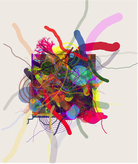 An abstract, vibrant artwork features a chaotic explosion of colorful tendrils, circles, and organic shapes bursting from a central square against a plain off-white background.