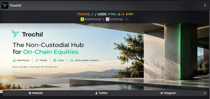 A screenshot of the Trochil website describing it as 'The Non-Custodial Hub for On-Chain Equities,' featuring ticker info showing TROCHIL/USDG at 38m with a $500 market cap on Robinhood and Uniswap v4.