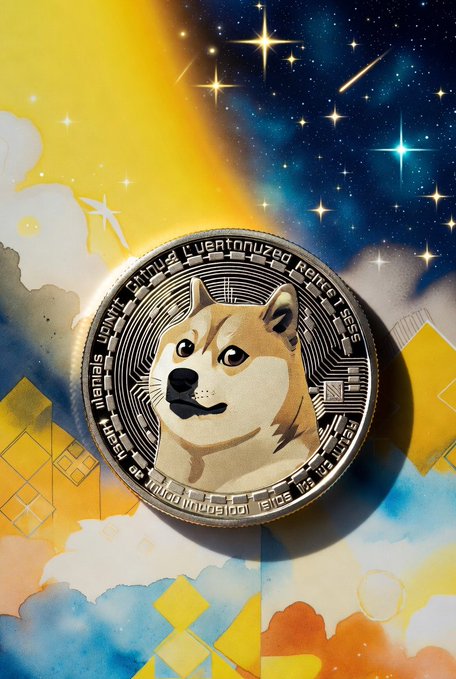 A cryptocurrency coin featuring a Shiba Inu dog face is set against a vibrant background split diagonally into a yellow sunny sky and a dark starry night sky.