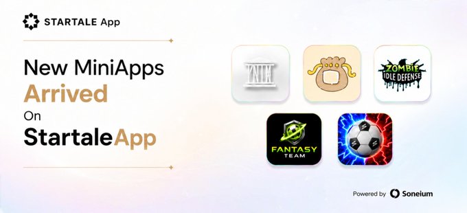 Promotional graphic for STARTALE App announcing 'New MiniApps Arrived On StartaleApp' with icons including Zombie Idle Defense and Fantasy Team, powered by Sonelum.
