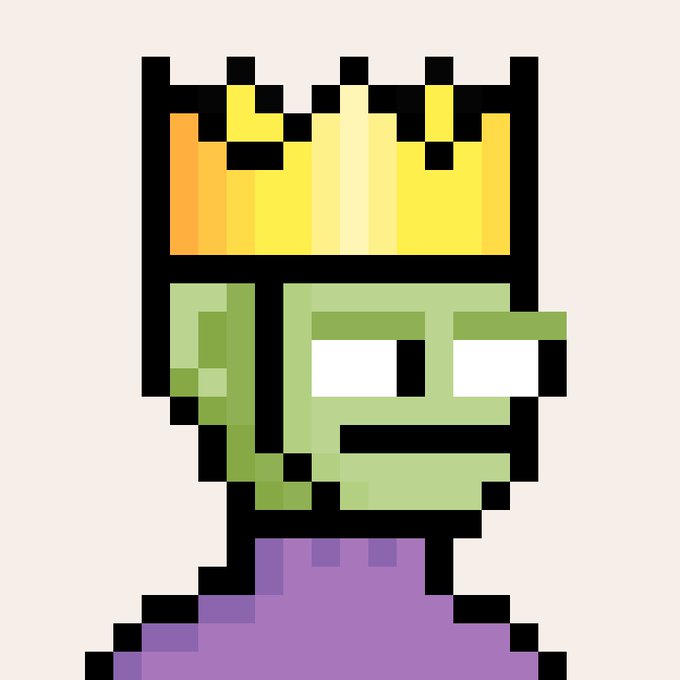 A pixel-art portrait of a green-skinned character wearing a yellow crown and a purple shirt against a cream background.