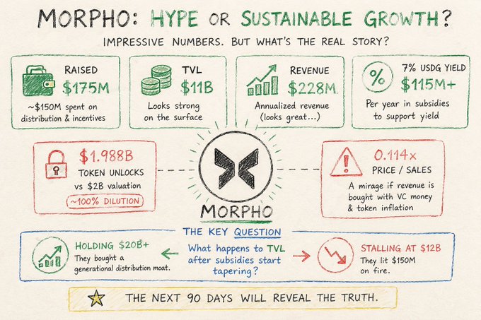 A hand-drawn infographic titled 'MORPHO: HYPE OR SUSTAINABLE GROWTH?' analyzing Morpho protocol metrics including $175M raised, $11B TVL, $228M revenue, and questioning sustainability post-subsidies.