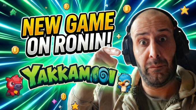 A YouTube thumbnail featuring a bald man with headphones pointing at the viewer, with text reading 'NEW GAME ON RONIN! YAKKAMOGO' against a vibrant green and blue burst background.