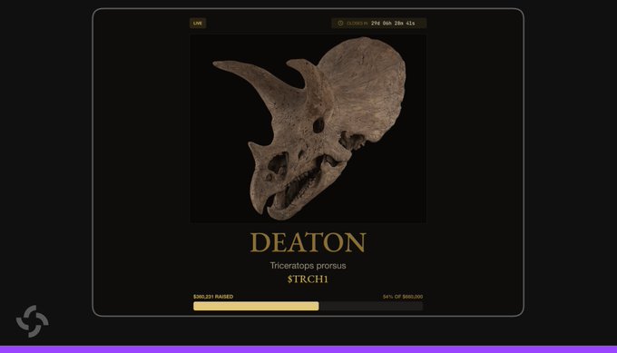 The image shows a fundraising page for tokenizing "DEATON," a museum-grade Triceratops prorsus (Triceratops) dinosaur skull, displayed prominently with a fundraising progress bar showing $360,231 raised out of a $660,000 goal (54%), matching the details in the accompanying post about JurassicFi's plans to tokenize the fossil on Solana.
