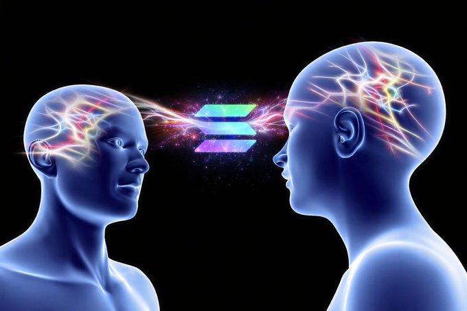 A digital artwork depicting two translucent human figures facing each other with glowing neural pathways in their brains, connected by a glowing, layered prism symbol in the center.