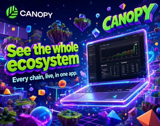 A promotional graphic for CANOPY app featuring the tagline "See the whole ecosystem - Every chain, live, in one app" alongside a neon-lit laptop displaying trading charts, floating islands, and geometric shapes in a cyberpunk aesthetic.