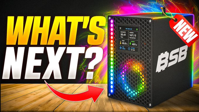 A YouTube thumbnail featuring a black "BSB" crypto mining device with an RGB-lit fan and display showing metrics like "30.41 TH/s," "147.0," and "66.0%," accompanied by large yellow text reading "WHAT'S NEXT?" and a red "NEW" tag, promoting content about the evolving landscape of home crypto mining.