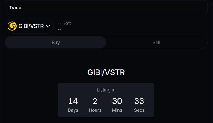 A dark-themed trading interface shows the GIBI/VSTR token pair on Brolyz with a "Listing in" countdown timer at 14 days, 2 hours, 30 minutes, and 33 seconds, visually previewing the upcoming launch of the GibiSwap token mentioned in the post.