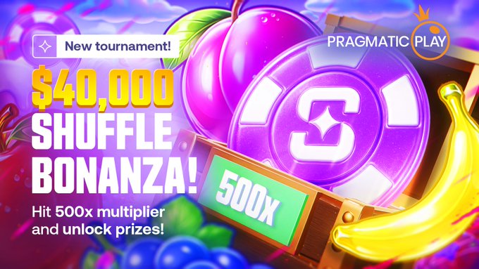 The image shows an advertisement for a new game called Shuffle Bonanza, which features a purple "S" logo on top of the screen. The text reveals that this is part of a new tournament where players have a chance to hit 500x, meaning they can win two times their original deposit! Additionally, there's an image of bananas and other fruits as prizes in the game.
