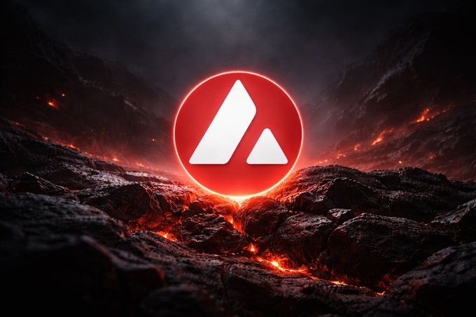 The image features a red circle with white triangles inside of it, which appears to be a logo or symbol related to Avalanche's recent surge in popularity. The background of the image shows a dark, rocky landscape filled with lava, suggesting that the photo was taken during an active volcanic eruption. The caption reads "LATEST: Avalanche saw a 24x volume surge and 10x active address growth over several days as World Cup fans rushed to buy 
the Right to Buy" digital tickets."