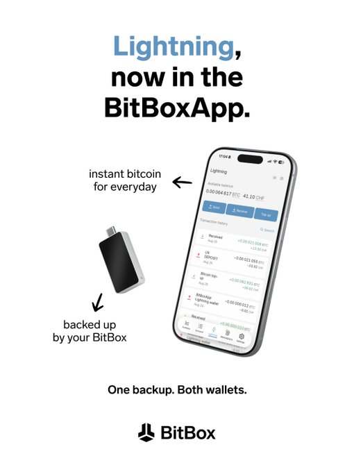 A BitBox promotional graphic featuring the text 'Lightning, now in the BitBoxApp,' showing a phone displaying a Lightning wallet with 'instant bitcoin for everyday' and a BitBox hardware wallet 'backed up by your BitBox', with the tagline 'One backup. Both wallets.'