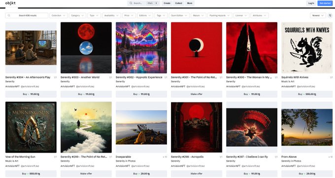 The image shows a gallery of digital artwork on the objkt NFT marketplace, featuring pieces like "Serenity #304 - An Afternoon's Play," "Squirrels with Knives," and "Vow of the Morning Sun," all priced in Tezos (XTZ) and created by artist "ArtslobNFT." This relates to the caption "Tezos is the chain of art" by showcasing the blockchain's vibrant NFT art ecosystem, where artists like ArtslobNFT sell their digital creations directly in XTZ.