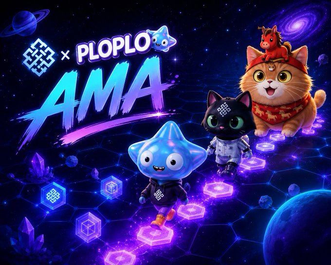 A vibrant cosmic-themed promotional graphic for a PLOPLO x OKX AMA featuring a blue star character in an astronaut suit alongside cute cat characters in space.