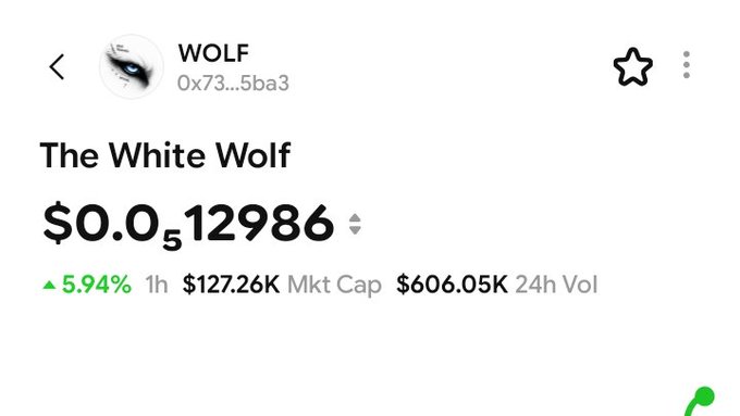 A cryptocurrency tracking interface showing the token 'WOLF' (The White Wolf) with a price of $0.05 12986, a 5.94% increase in 1 hour, a market cap of $127.26K, and a 24-hour volume of $606.05K.