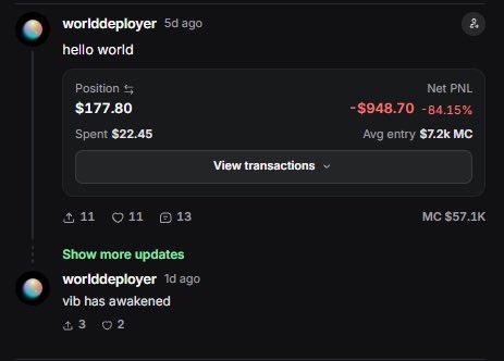 A screenshot of a tweet by "worlddeployer" showing a $177.80 position on a token with a -84.15% loss (-$948.70) and Net PNL, with a follow-up message reading "vib has awakened" — appearing to support the poster's theory that the dev behind $world is coordinating a buy signal for the contract ySdyQ2BzYRP7HHLiHrqe6RLPDLbRuGvpH2auX8apump.