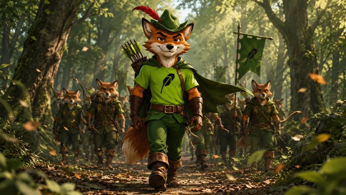 An anthropomorphic fox warrior dressed as Robin Hood leads a band of similarly dressed fox followers through a forest, with a banner bearing the hooded archer emblem visible in the background. The image evokes themes of rebellion and anticipation, aligning with the cryptic post "Time will tell" alongside the wallet address "0x45C83b37C5BAF4dad26f3845C28295e2DE010962."