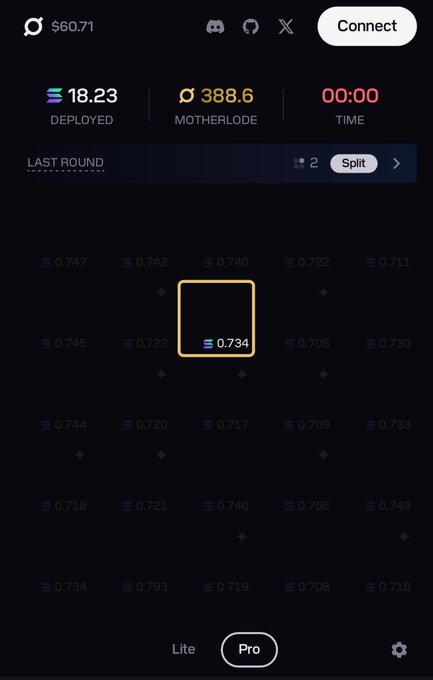 A dark-themed mobile app interface showing a game with stats 'DEPLOYED 18.23', 'MOTHERLODE 388.6', and a grid of numerical multipliers like '0.734' and '0.722'.