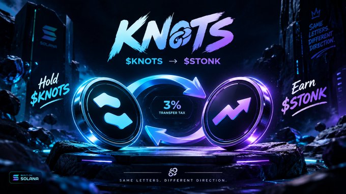 A promotional graphic for the "KNOTS" token on the Solana blockchain, showing a 3% transfer tax between $KNOTS and $STONK with neon blue and purple graphics.
