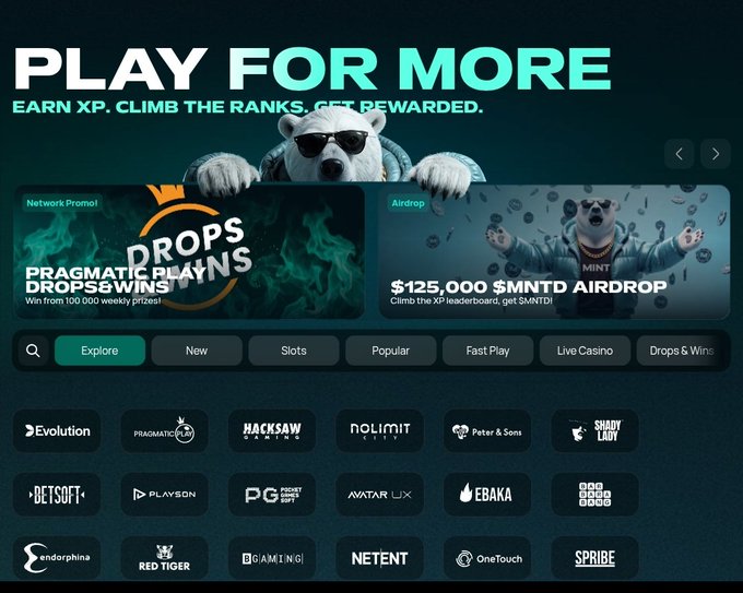 A promotional screen for a gaming site displaying 'PLAY FOR MORE' with offers including 'Pragmatic Play Drops & Wins' and a '$125,000 $MNTD AIRDROP' on the MINT network.