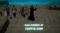 A costumed Death figure and other Halloween-themed characters gather in a dark, otherworldly arena, promoting "HALLOWEEN AT CASTLE.COM" as displayed in the text overlay. The scene ties into a post about a Halloween-themed duel arena on Castle.com, where staff face off for prizes.
