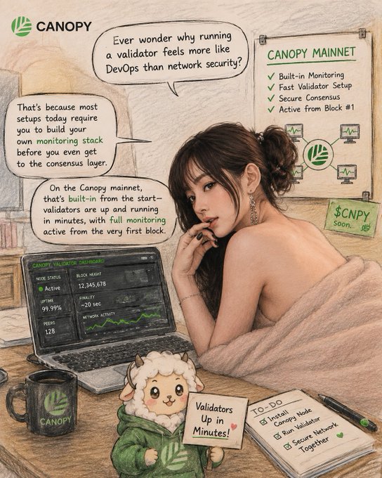 A promotional ad featuring an anime-style illustration of a woman beside a laptop displaying 'CANOPY MAINNET' and 'CANOPY VALIDATOR DASHBOARD', with speech bubbles explaining that validators come pre-configured with built-in monitoring and are 'Validators Up in Minutes'.