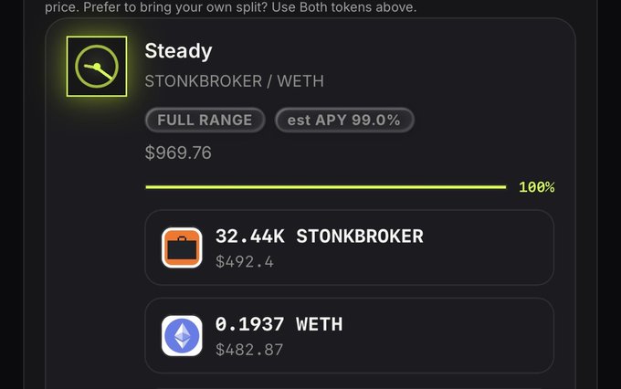The image displays a "Steady" liquidity pool for the STONKBROKER/WETH pair, showing a full range position with an estimated APY of 99.0%, a total value of $969.76, and holdings of 32.44K STONKBROKER ($492.4) and 0.1937 WETH ($482.87). This aligns with the accompanying post highlighting the impressive 99% APY offered by Stonkbroker's Smart LP technology.