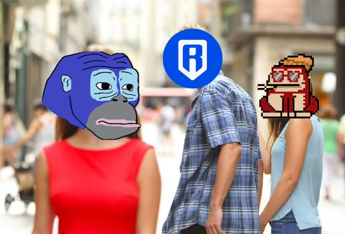 Three people with their heads replaced by logos—a blue ape, a blue 'R' shield, and a pixel character—standing back-to-back on a street.